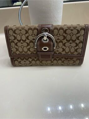 Coach Brown and Khaki Signature Canvas Wallet with Buckle Accent
